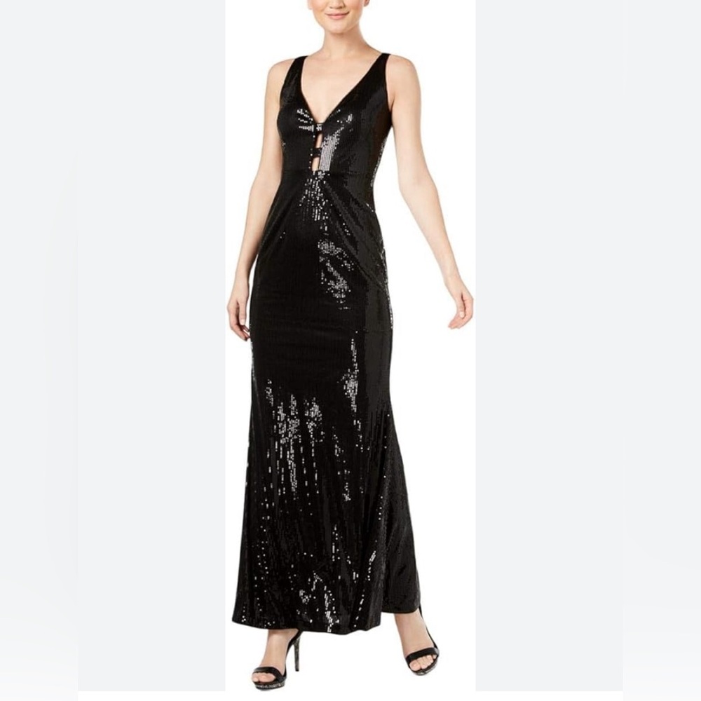 CALVIN KLEIN 🖤BLACK🖤 SEQUIN V-NECK FLOOR LENGTH SPECIAL OCCASION GOWN SIZE 12